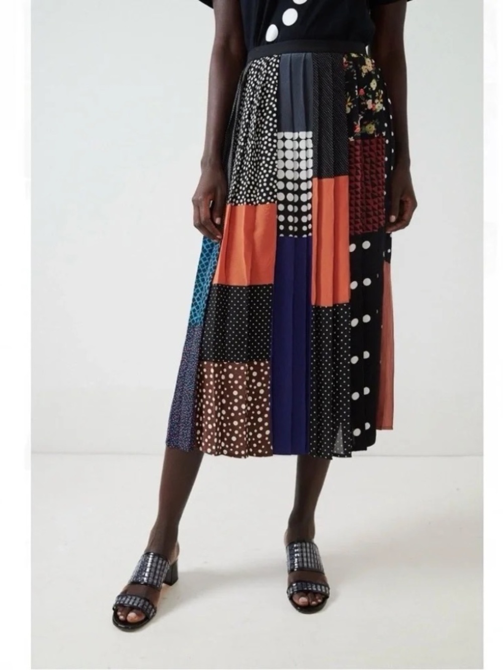 Correll Correll Omo Patchwork Pleated Silk Midi Skirt Large